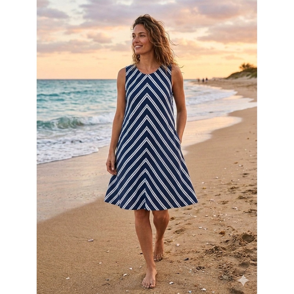 Lands End Women Blue White Striped Linen Sleeveless Shift Dress Pockets 16W-18W